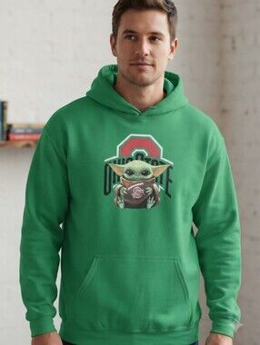 Gildan Green Men’s Hoodie with Baby Yoda Football Graphic